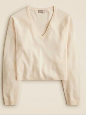J Crew Cashmere V-Neck Cropped Long-Sleeve Sweater in Cream BX459